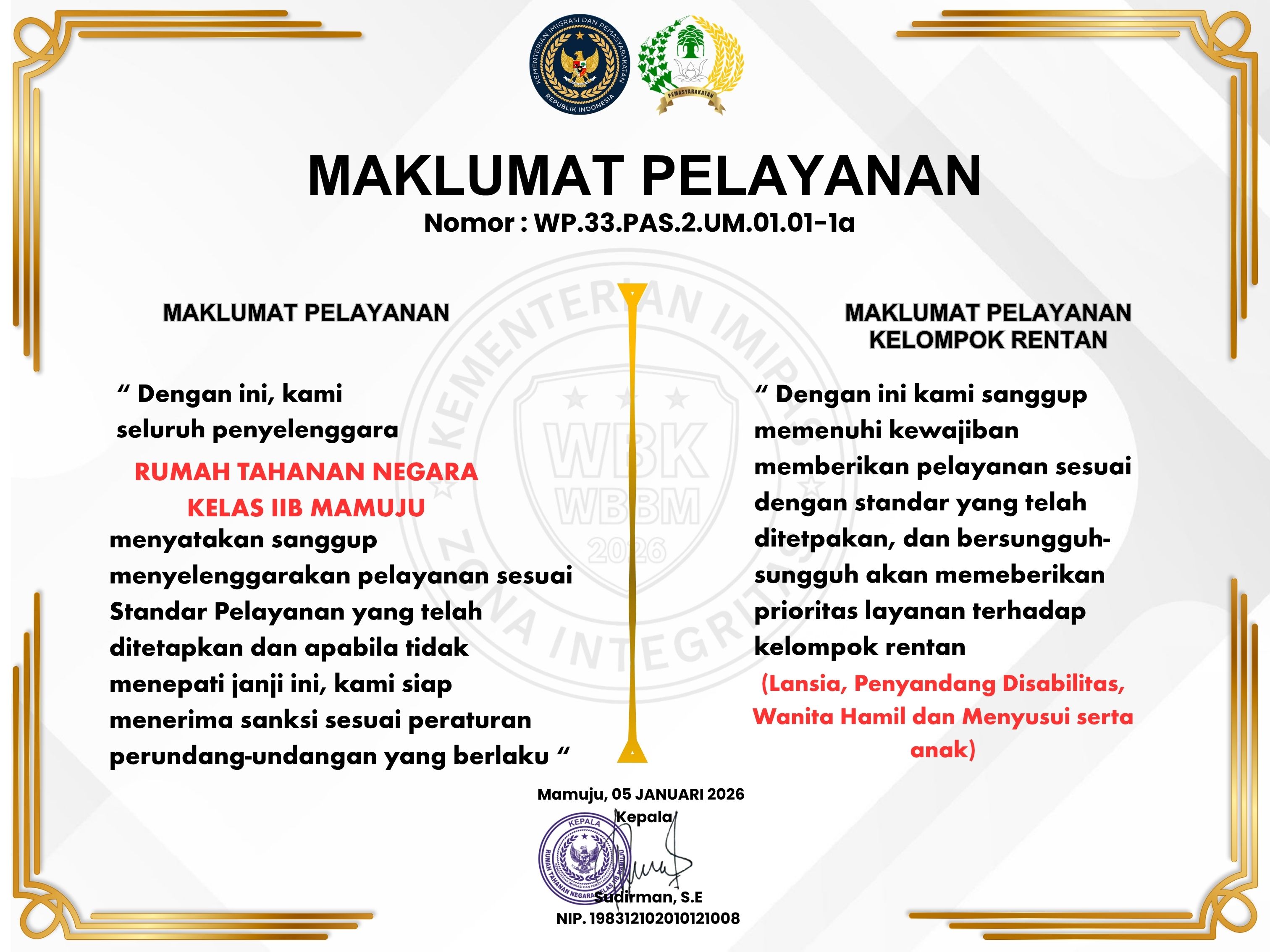 STANDAR PELAYANAN DI RUTAN MAMUJU
